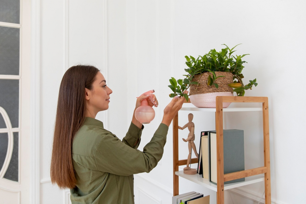 woman watering plant at home