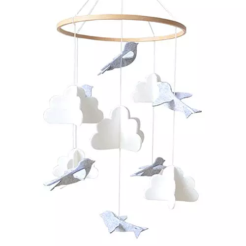 Sorrel + Fern Baby Crib Mobile, Wooden Nursery Decor (Birds and Clouds)