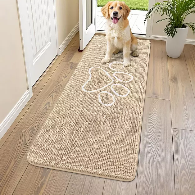 Smiry Dog Door Mat for Muddy Paws, Absorbent Dirt Trapper Non Slip Quick Dry Washable Chenille Mat for Mud Dogs, Entry Rug for Indoor and Outdoor (54x24 Inches, Beige and White)