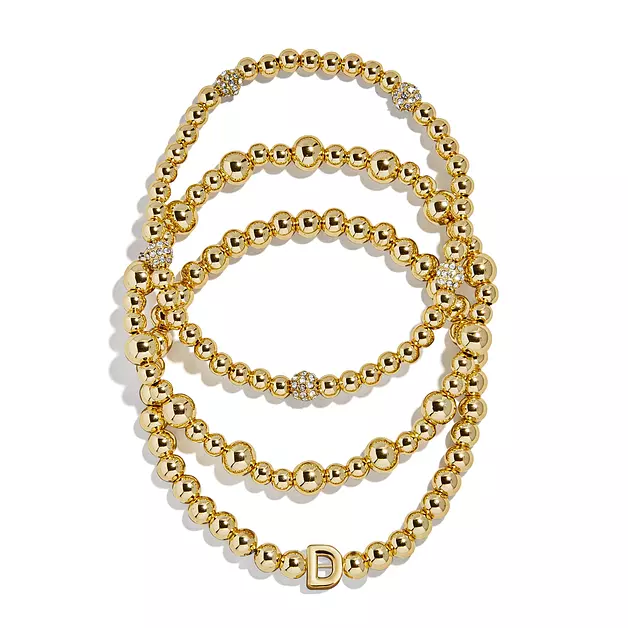BaubleBar Pisa Bracelet Gift Set - Letter D - Three Gold Plated Bracelets, Fashion Jewelry, Gifts for Women, Stackable Set