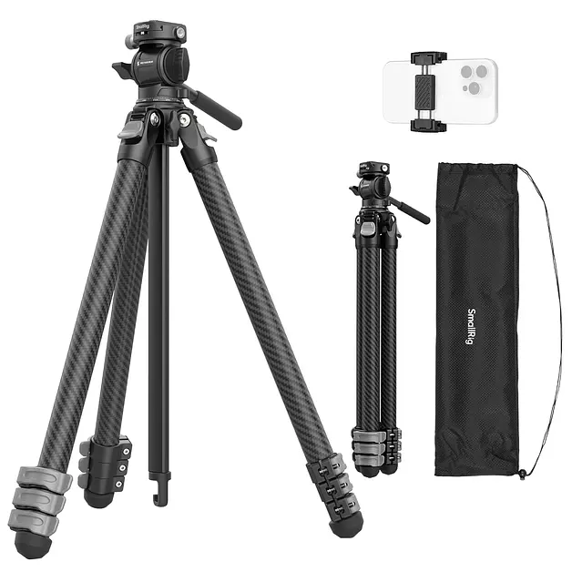 SmallRig Portable Travel Video Tripod, Carbon Fiber Compact Tripod for Outdoor Photography, 5kg Load, Fluid Head with 360° Pan and -70° to 90° Tilt, 180° Reversible Center Column