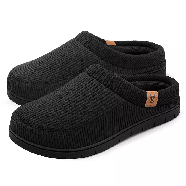 VeraCosy Men's Durable Slippers Memory Foam Matt Black,11-12 US