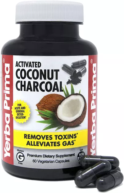 Yerba Prima Activated Coconut Charcoal, 60 Capsules - Natural Detox - Vegetarian, Vegan, Gluten Free, Non GMO