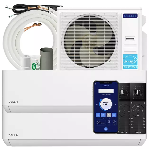DELLA 36K BTU ODU 2 Zone 2x18K BTU 24 SEER2 208-230V Cools Up to 2000 Sq.Ft Wifi Energy Saving Multi Zone Ductless Pre-Charged Mini Split AC & Heat Pump Compatible with Alexa, 16ft Installation Kits
