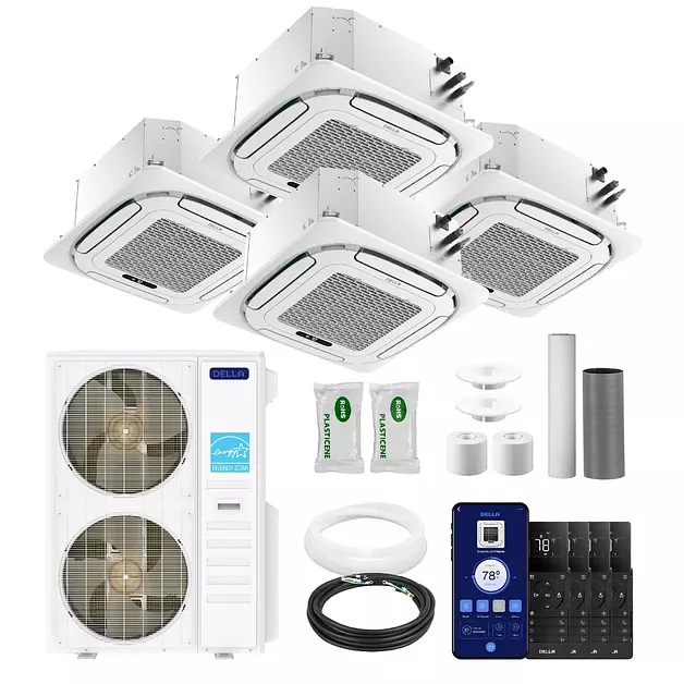 DELLA 48K BTU 4-Zone(9K+12K+2x18K) Ceiling Cassette Mini Split AC, 24 SEER2