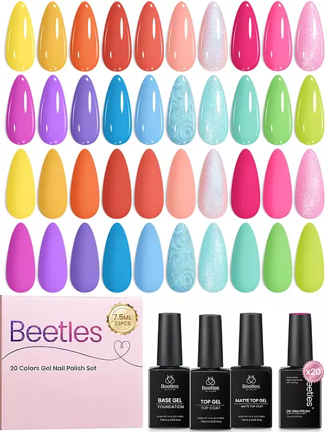 Beetles Summer Gel Polish Set - 20 Colors Neon Pearl Blue Green Yellow Pink Orange Gel Nail Polish Set with Base Coat Glossy & Matte Top Coat Colorful Soak Off UV Led Nails Summer Gifts for Women