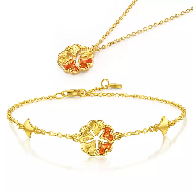 CHOW SANG SANG 999 24K Gold MINTYGREEN Dainty Ginkgo Leaf Lucky Bracelet & Necklace Jewelry Set for Women 95571B 95571N