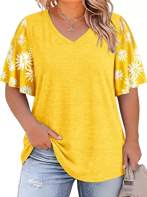 HDLTE Women Plus Size Shirt Graphic Tees V Neck Daisy Bell Short Sleeve Top