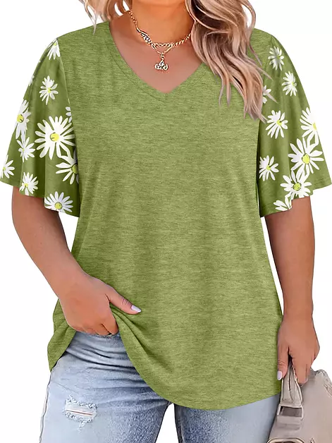 HDLTE Women Plus Size Shirt Graphic Tees V Neck Daisy Bell Short Sleeve Top
