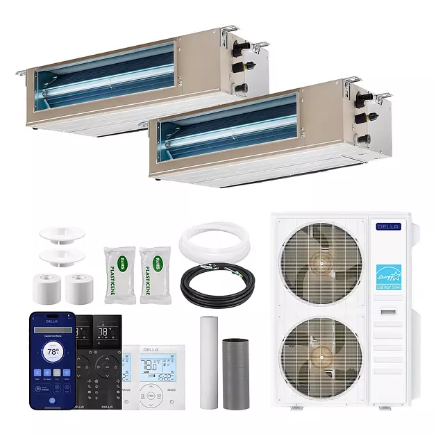 DELLA 48K BTU 2 Zone (2x18K BTU) Concealed Ducted Mini Split AC, 20 SEER2