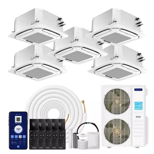DELLA 48K BTU 5-Zone (4x9K+18K) Ceiling Cassette Mini Split AC, 24 SEER2