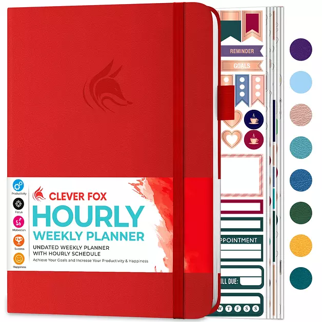 Clever Fox Planner Hourly, Undated Weekly Daily Block Schedule Red