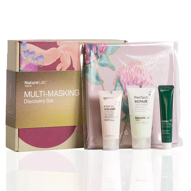NatureLab.TOKYO Multi-Masking Discovery Limited Edition Set: Includes Volume, Repair & Molecular Masques, Travel Sizes, Deep Conditioning & Strengthening, Includes Furoshiki Wrap