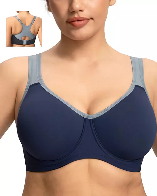 HSIA Sports Bra for Women High Support Large Bust Outside Underwire Adjustable Racerback Unlined Full Coverage Sports Bra Dark Blue