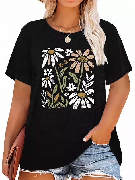 HDLTE Womens Plus Size T Shirt Wildflower Graphic Tees Vintage Floral Boho Summer Casual Tops