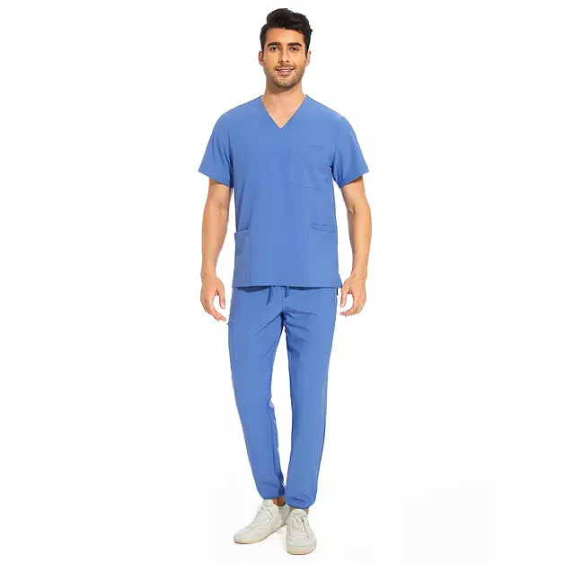 Men Scrubs Set - Stretch V-Neck Top & Jogger Pant, Ceil Blue, 2XL, Petite