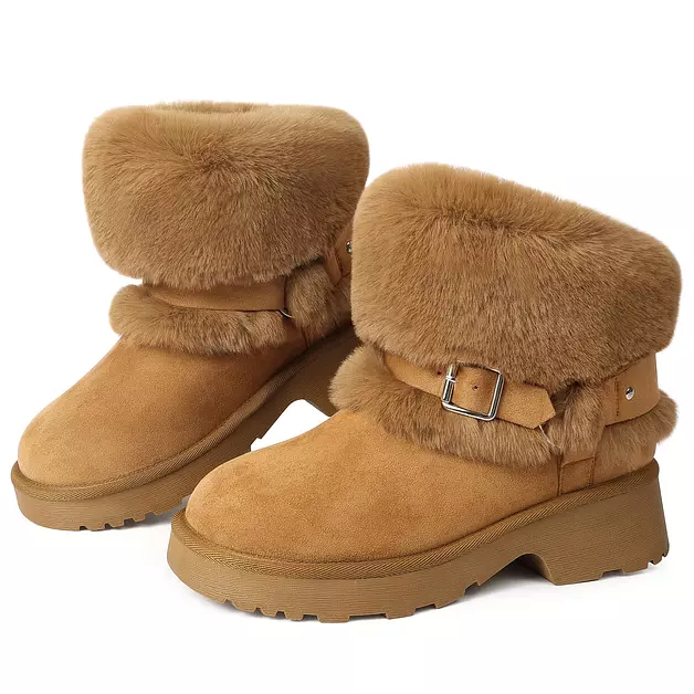Furry Winter Chestnut Boots for Women Block Heels Platform Buckle Slip On