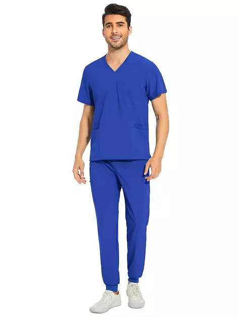 Men Scrubs Set - Stretch V-Neck Top & Jogger Pant, Blueberry, 3XL, Tall