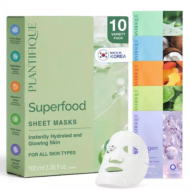 PLANTIFIQUE Korean Face Sheet Mask - Hydrate, Calm, Even Skin Tone, 10 Pack