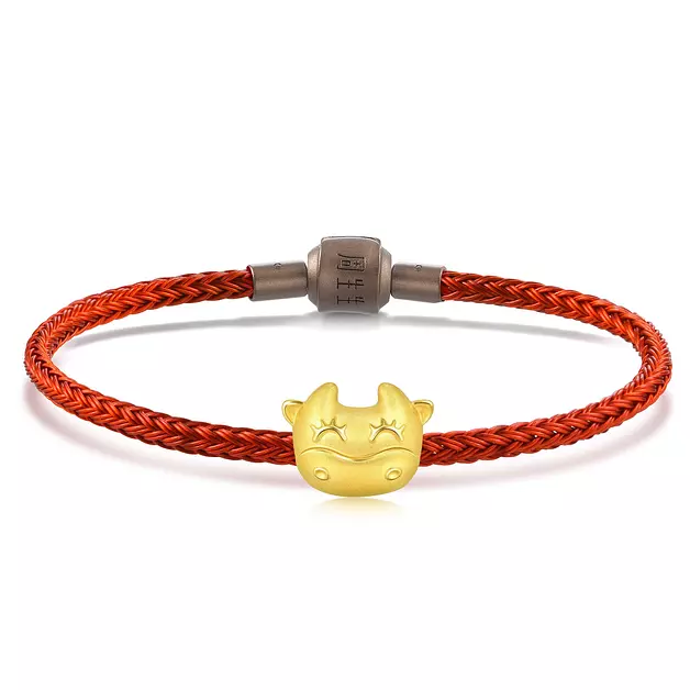 CHOW SANG SANG 999 24K Solid Gold Cute Ox Cow Mini Charm Bracelet for Women 92428C (Gold, 17 CM)