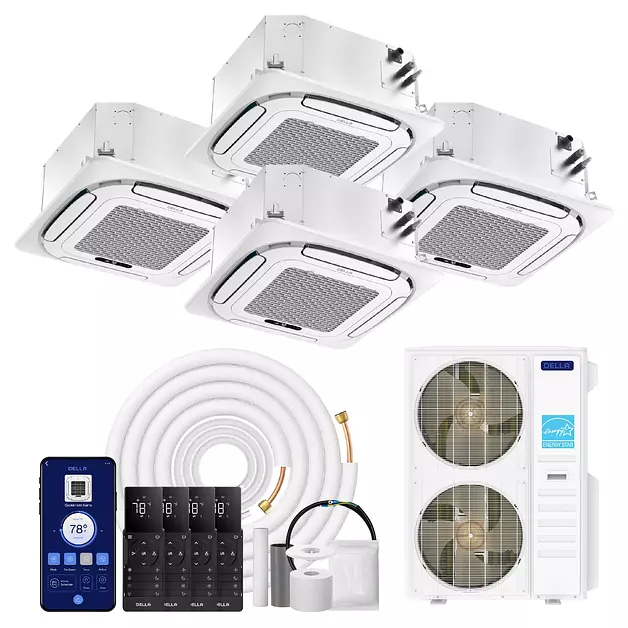 DELLA 55000 BTU 4-Zone (2x9.5K+12K+23K) Ceiling Cassette Mini Split AC, Ultra Heat -22℉, Covers 2850 Sq.Ft,Energy Star,22.5 SEER2 230V, 8-way 360° Airflow,Alexa & WiFi,Pre-Charged Heat Pump,25ft Kits