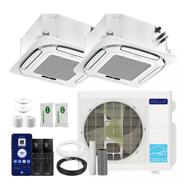 DELLA 20000 BTU 2-Zone (9K+18K) Ceiling Cassette Mini Split AC, 27 SEER2