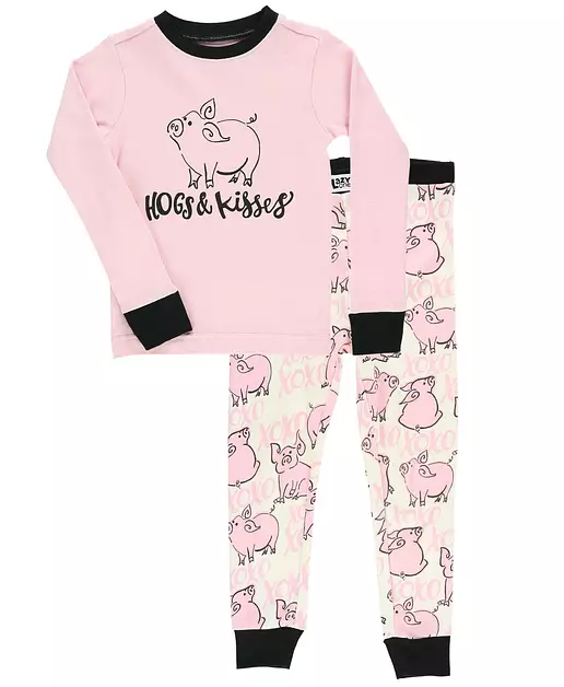 Lazy One Warm Long-Sleeved Kids' Pajamas for Girls and Boys, Funny Kids' Pajama Sets, Cozy, Comfy, Hug, Pig, XOXO, Valentine's Day (Hogs & Kisses, 4T)