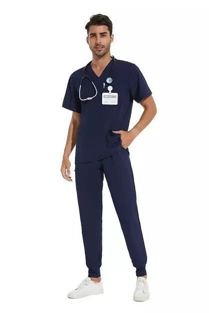 Men Scrubs Set - Stretch V-Neck Top & Jogger Pant, Navy Blue, S, Petite