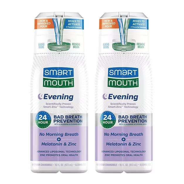 SmartMouth Advanced Liposomal Evening Mouthwash - No Morning Breath - Melatonin & Zinc - Dual-Solution Zinc-Activated Nighttime Mouthwash - Lavender & Chamomile - Alcohol Free - 16 fl oz, 2-Pack