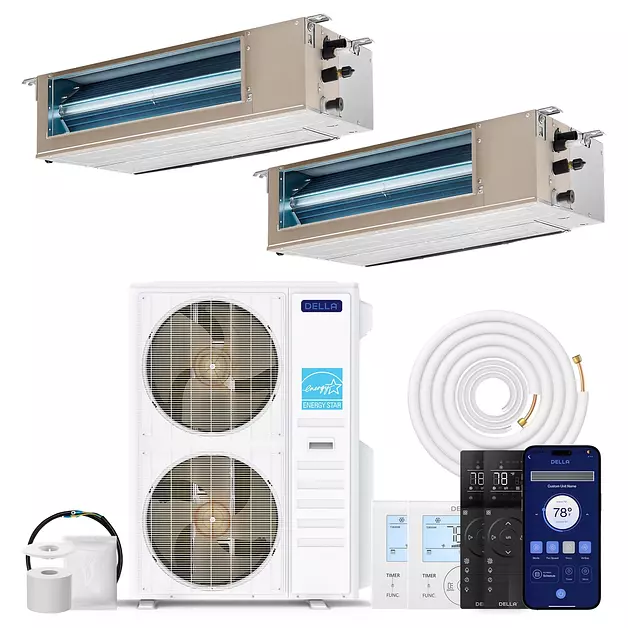 DELLA 48K BTU 2 Zone (2x24K BTU) Concealed Ducted Mini Split AC, 20 SEER2