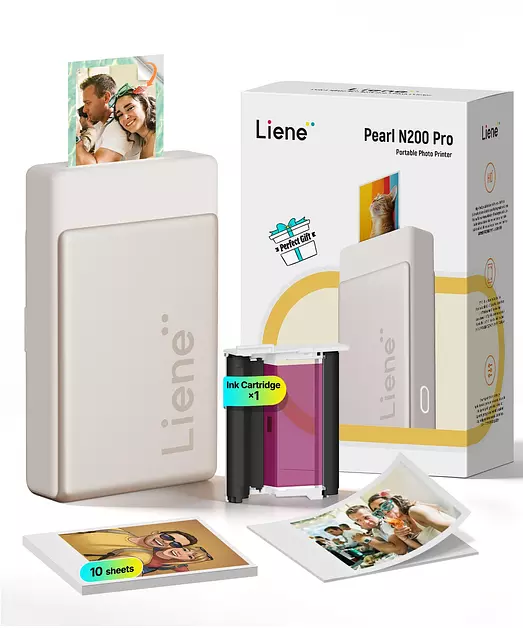 Liene Pearl N200 Pro Portable Photo Printer, Instant Mini Picture Printer for iPhone Smartphone, Thermal Dye Sublimation, Bluetooth Sticker Printer 10 Sheets 2x3 Adhesive Paper & 1 Cartridge, Gold