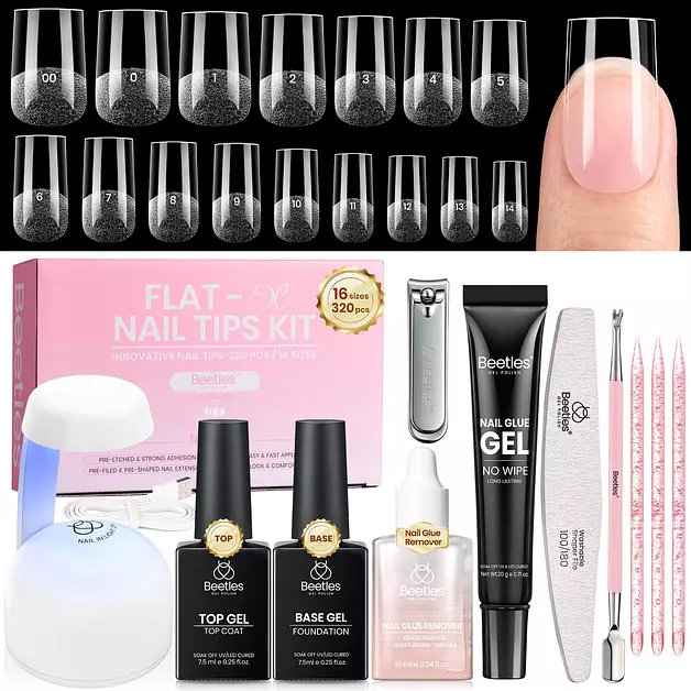 Beetles Gel Nail Kit Flat-X, Square Short, 320pcs 16 Sizes Nail Tips