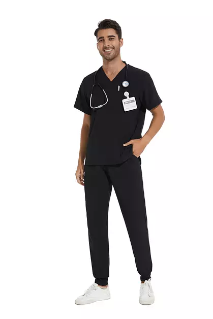 COZYFIT Men Scrubs Set - Stretch V-Neck Top & Jogger Pant, Black, M, Petite