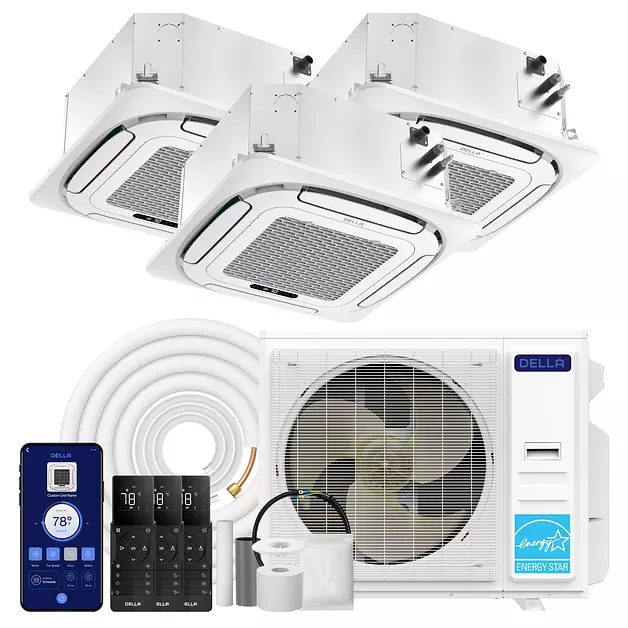 DELLA 36000 BTU 3-Zone (9K+2x18K) Ceiling Cassette Mini Split AC, 25 SEER2